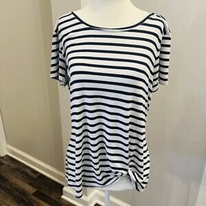 Green Envelope Women’s Boat Neck Navy White Stripe Short Sleeve Top L (A0125)
